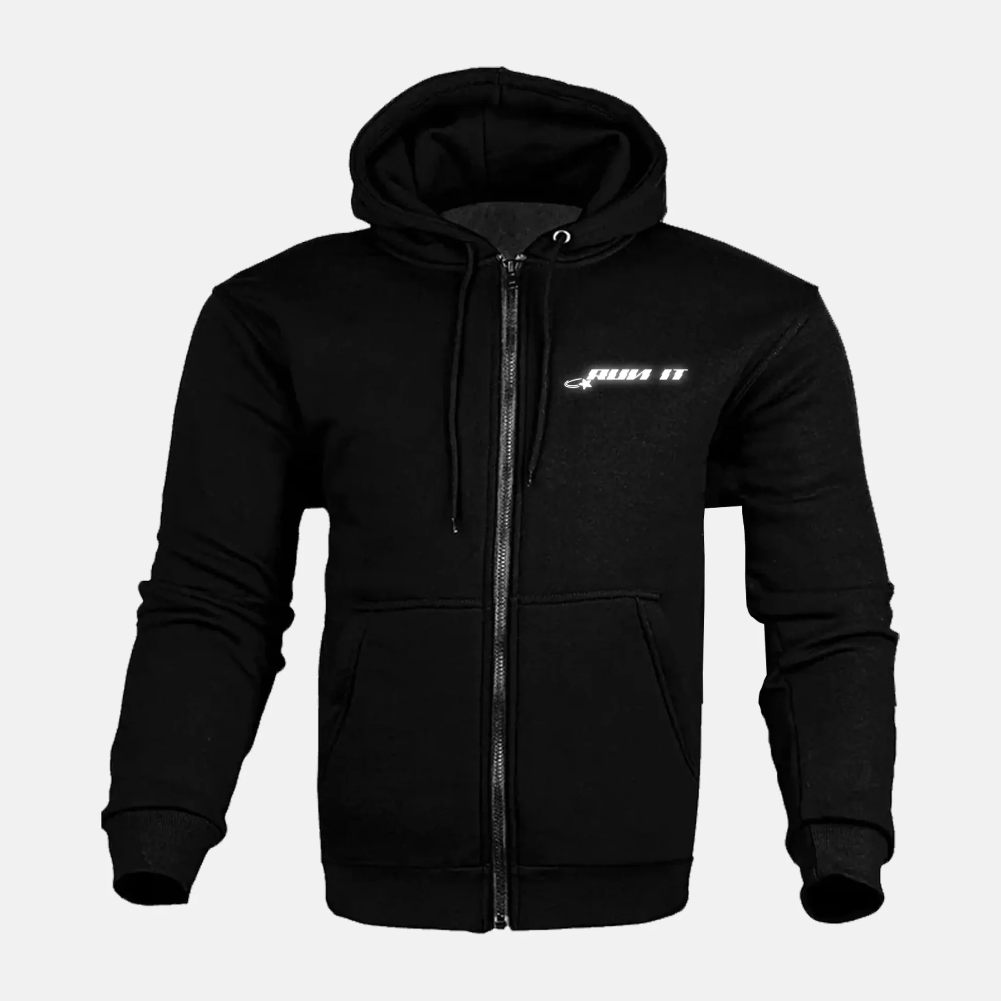 Reflective print on the front of a Kevlar armoured zip hoodie
