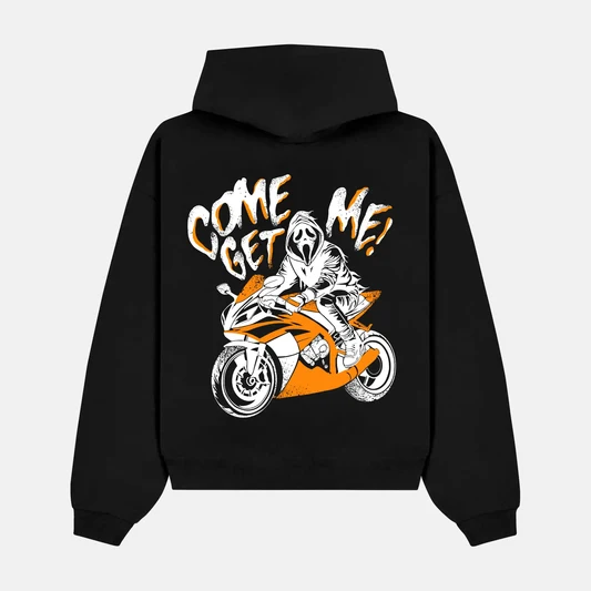 COME GET ME artwork in orange on a hoodie