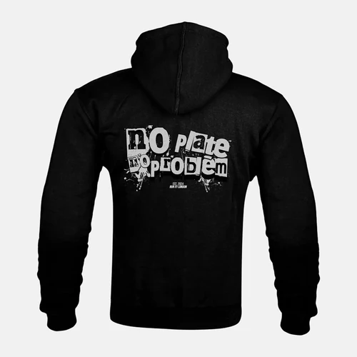 NO PLATE NO PROBLEM artwork on a Kevlar armoured zip hoodie