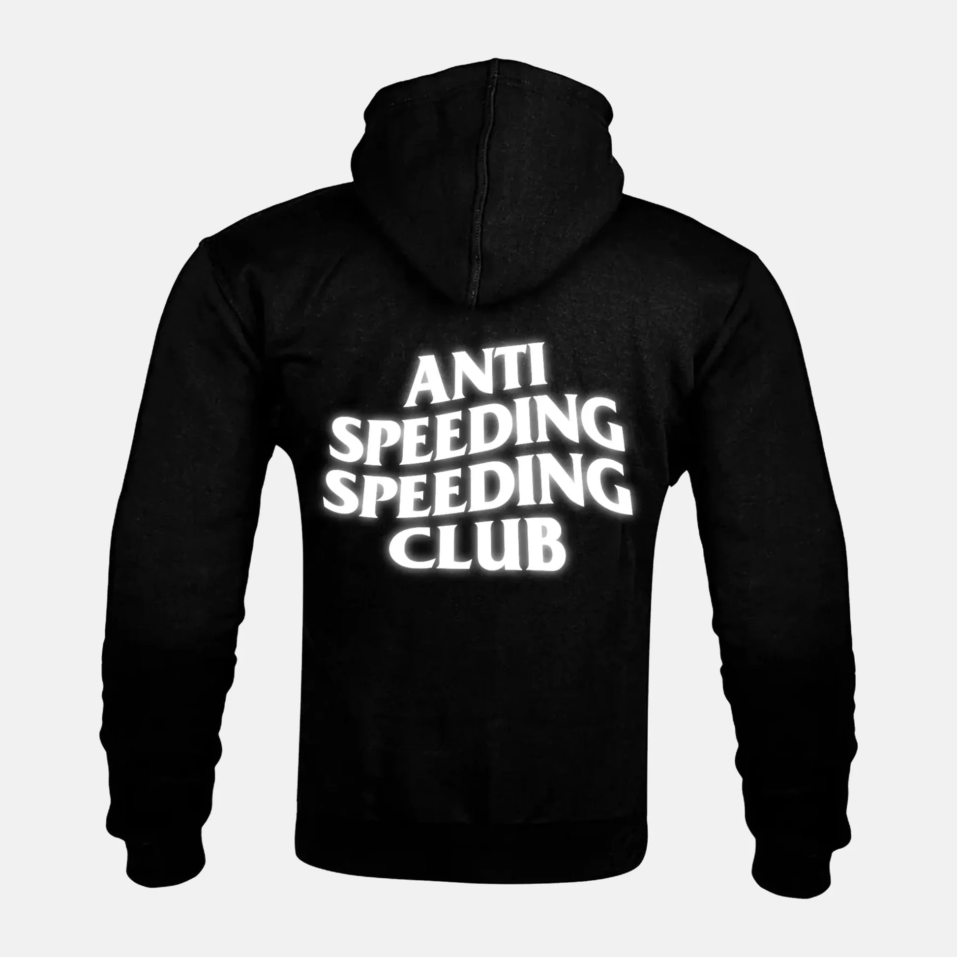 Reflective ANTI SPEEDING SPEEDING CLUB artwork on a Kevlar armoured zip hoodie