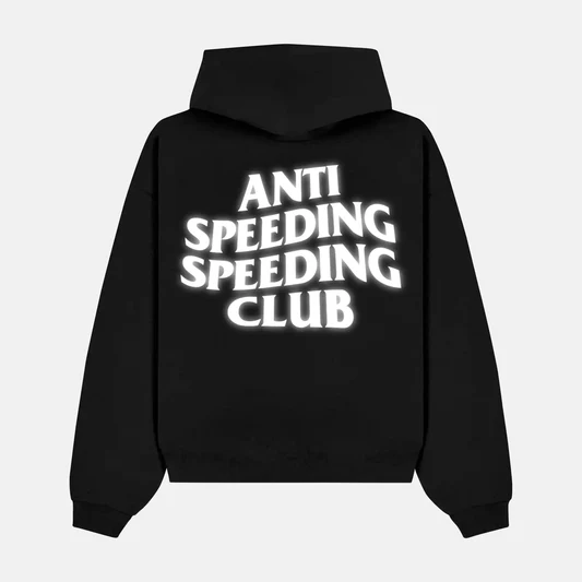 Reflective ANTI SPEEDING SPEEDING CLUB artwork on a hoodie