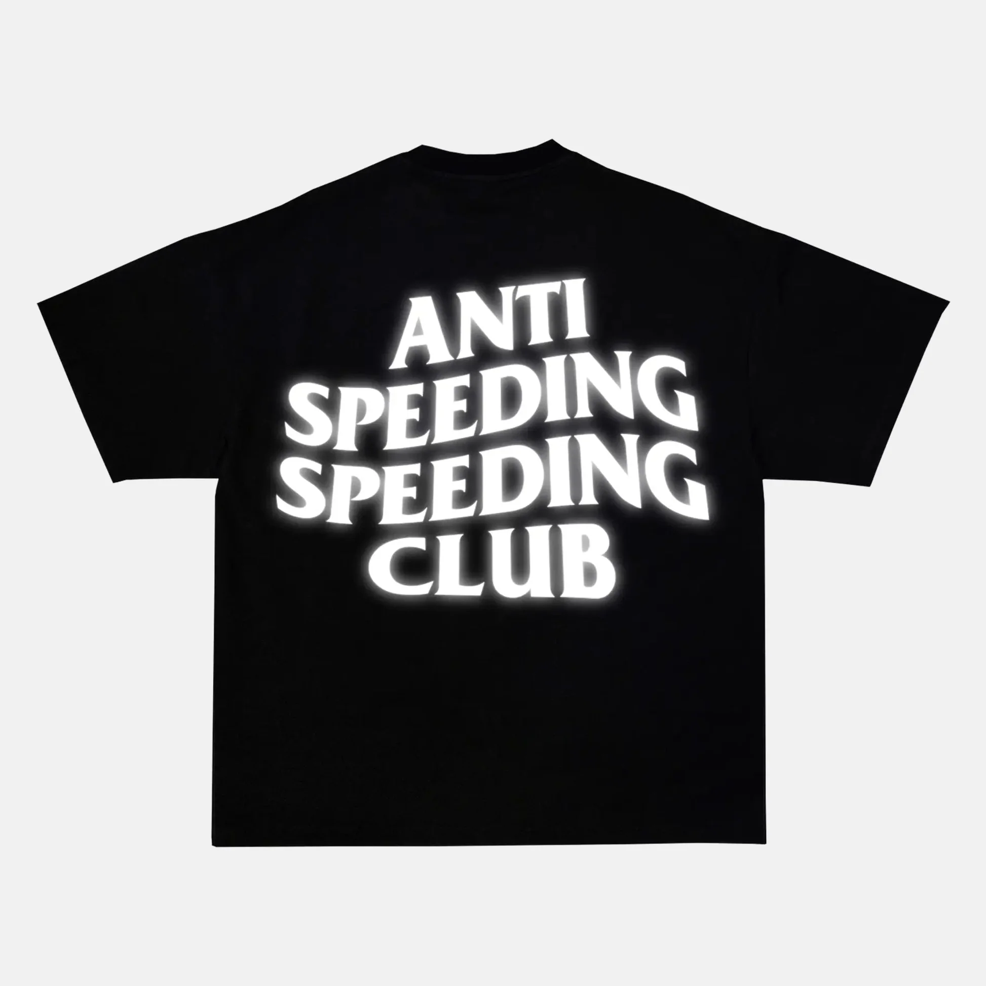 Reflective ANTI SPEEDING SPEEDING CLUB artwork on a t-shirt