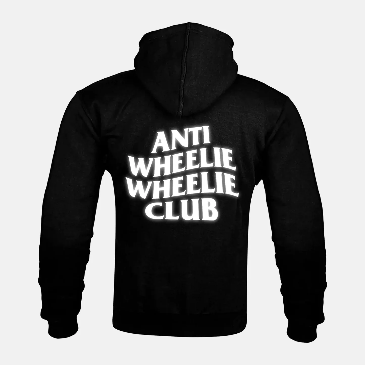 Reflective ANTI WHEELIE WHEELIE CLUB artwork on a Kevlar armoured zip hoodie