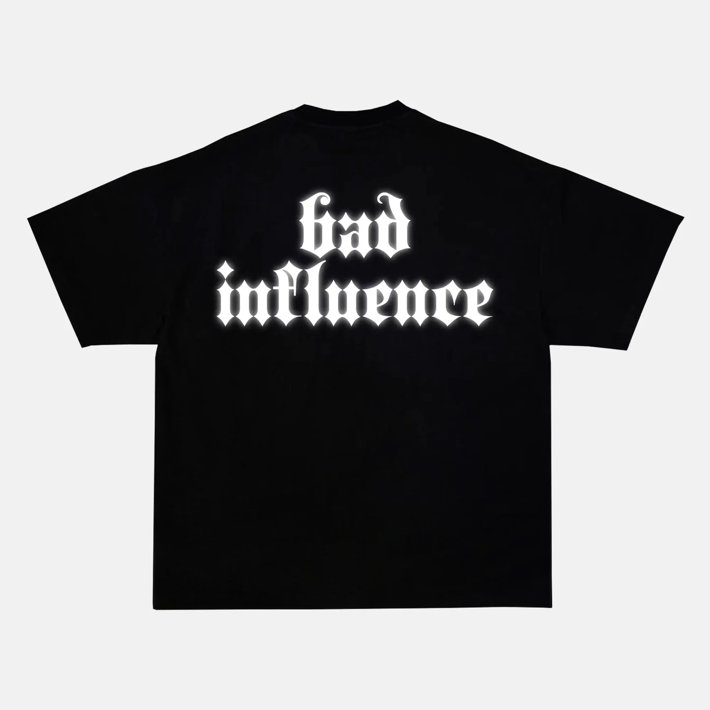 Reflective BAD INFLUENCE artwork on a t-shirt