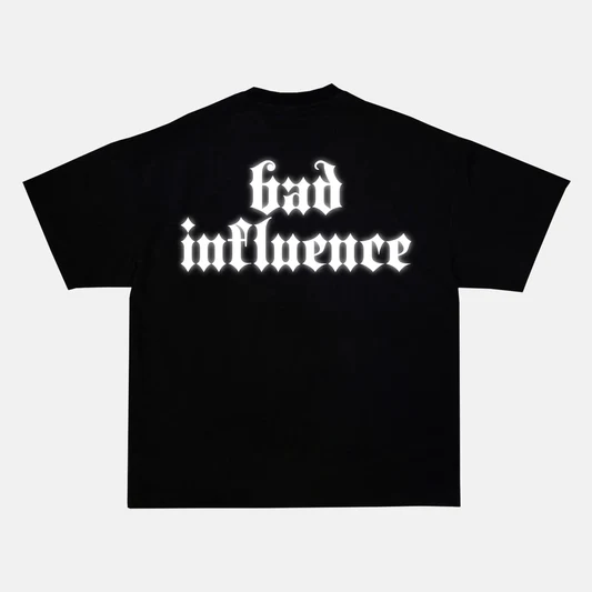 Reflective BAD INFLUENCE artwork on a t-shirt