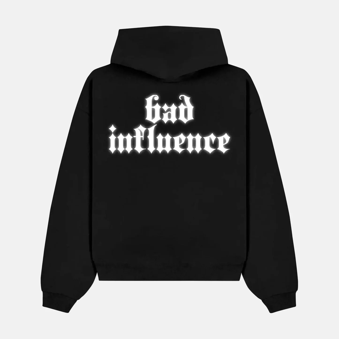 Reflective BAD INFLUENCE artwork on a hoodie