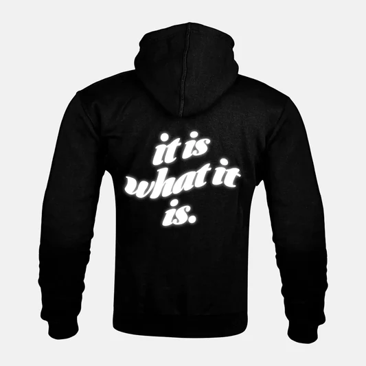 Reflective IT IS WHAT IT IS artwork on a Kevlar armoured zip hoodie