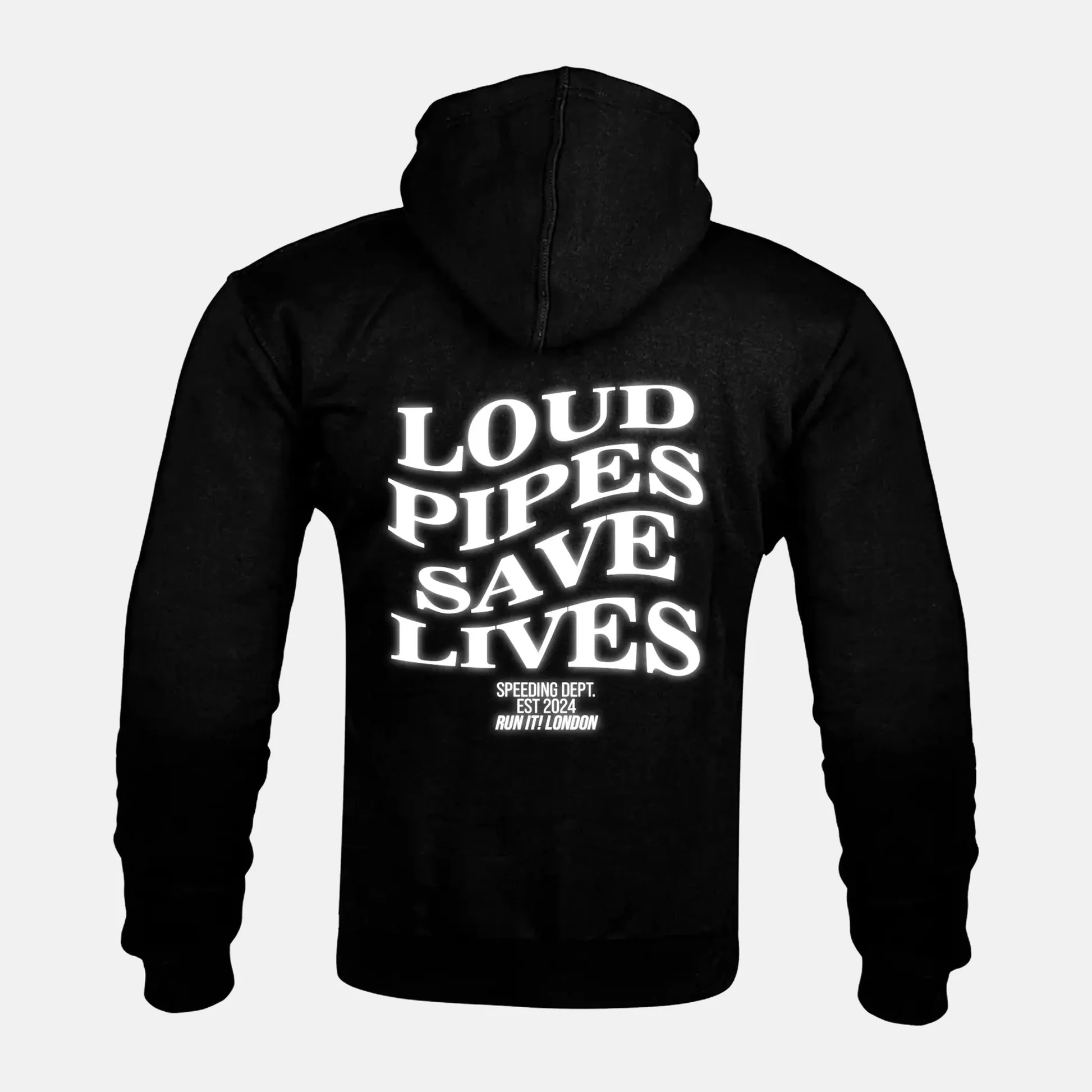 Reflective LOUD PIPES SAVE LIVES artwork on a Kevlar armoured zip hoodie
