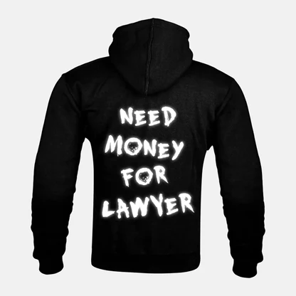 Reflective NEED MONEY FOR LAWYER artwork on a Kevlar armoured zip hoodie