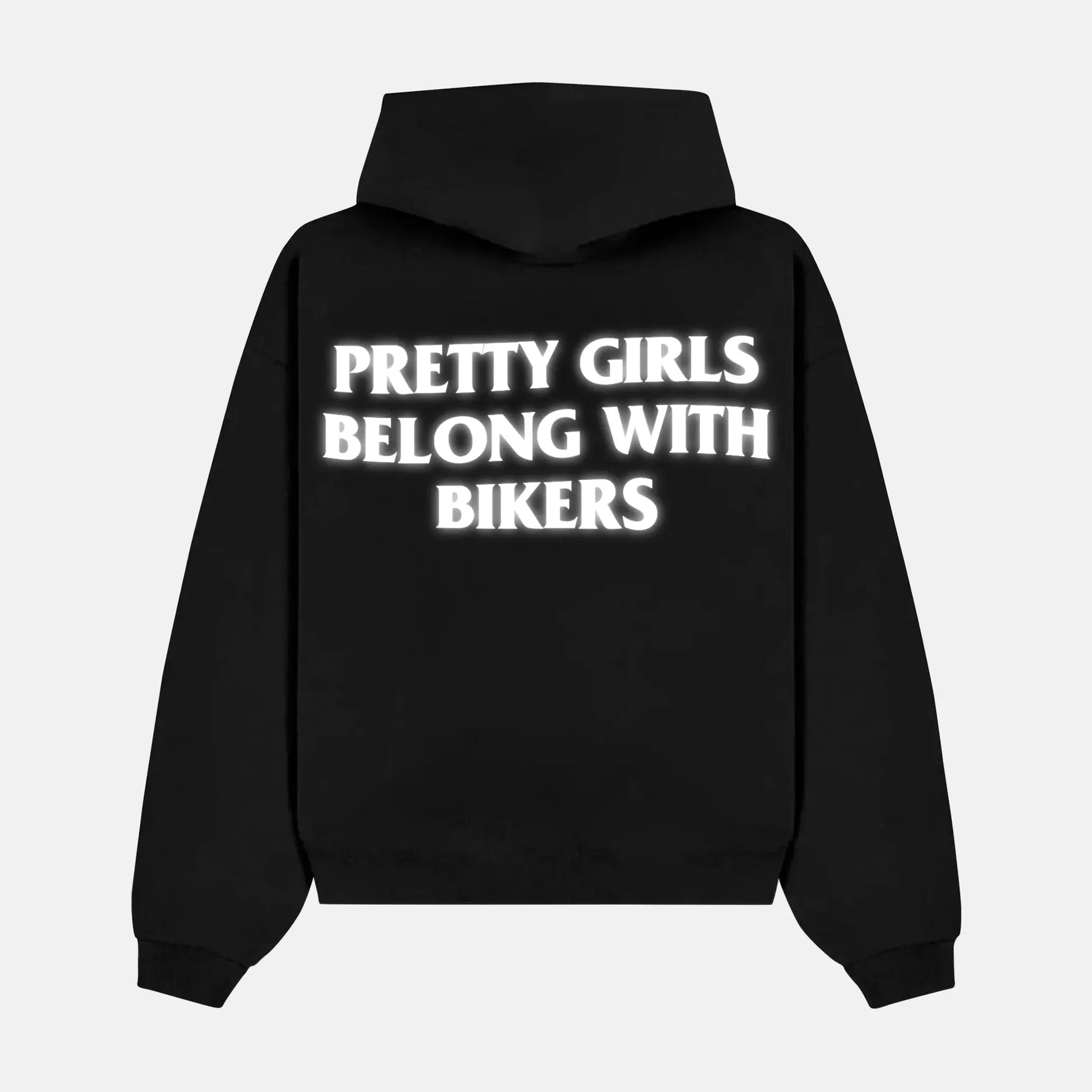 Reflective PRETTY GIRLS BELONG WITH BIKERS artwork on a hoodie