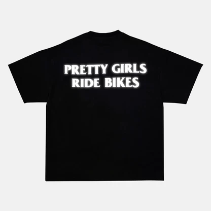 Reflective PRETTY GIRLS RIDE BIKES artwork on a t-shirt