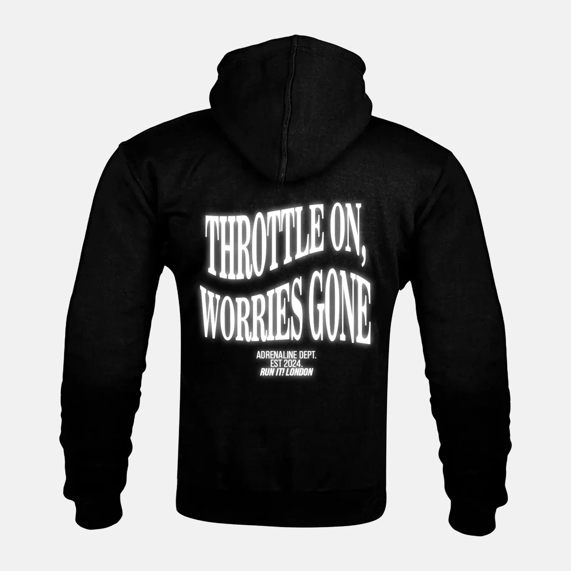Reflective THROTTLE ON, WORRIES GONE artwork on a Kevlar armoured zip hoodie