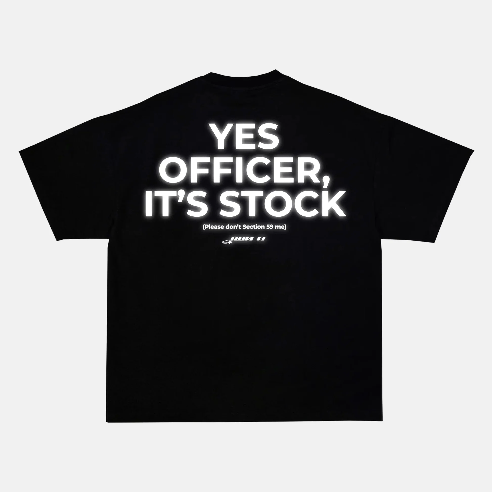 Reflective YES OFFICER, IT'S STOCK back print on a t-shirt