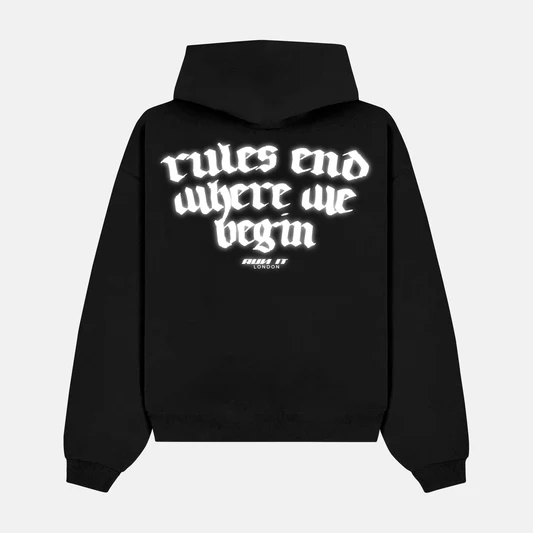 Reflective RULES END WHERE WE BEGIN artwork on a hoodie