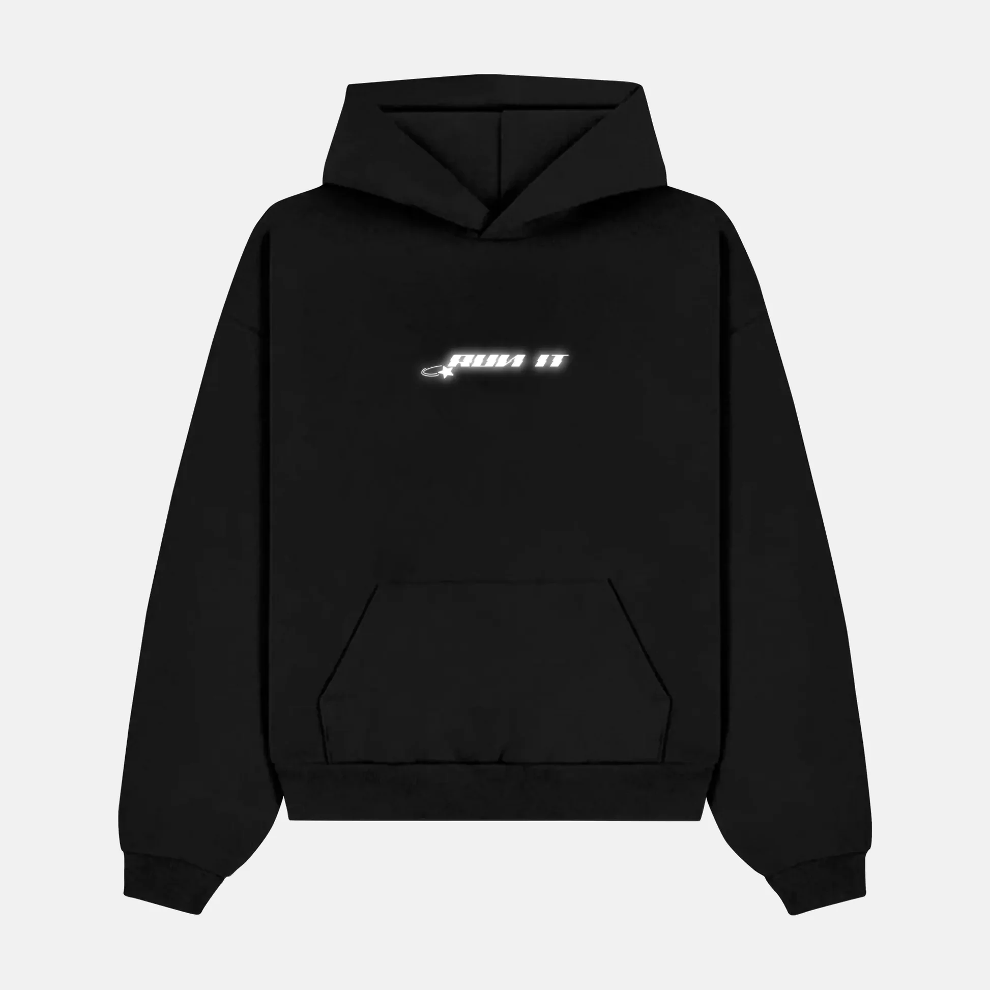 Reflective RUN IT LONDON logo across the front of a hoodie