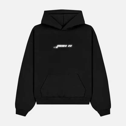 Reflective RUN IT LONDON logo across the front of a hoodie