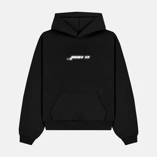 Reflective RUN IT LONDON logo across the front of a hoodie