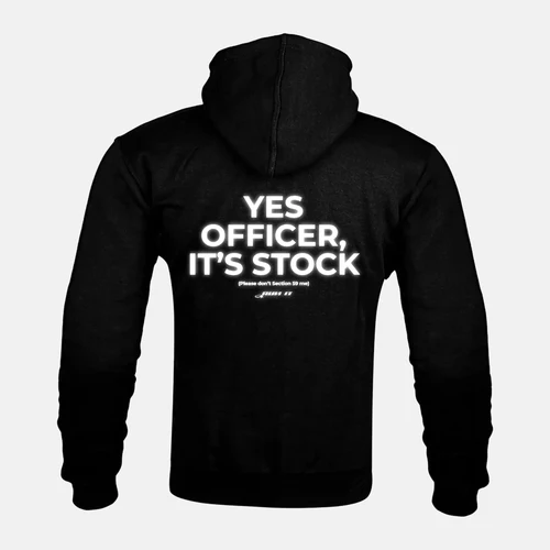 Reflective YES OFFICER, IT'S STOCK back print on a Kevlar armoured zip hoodie