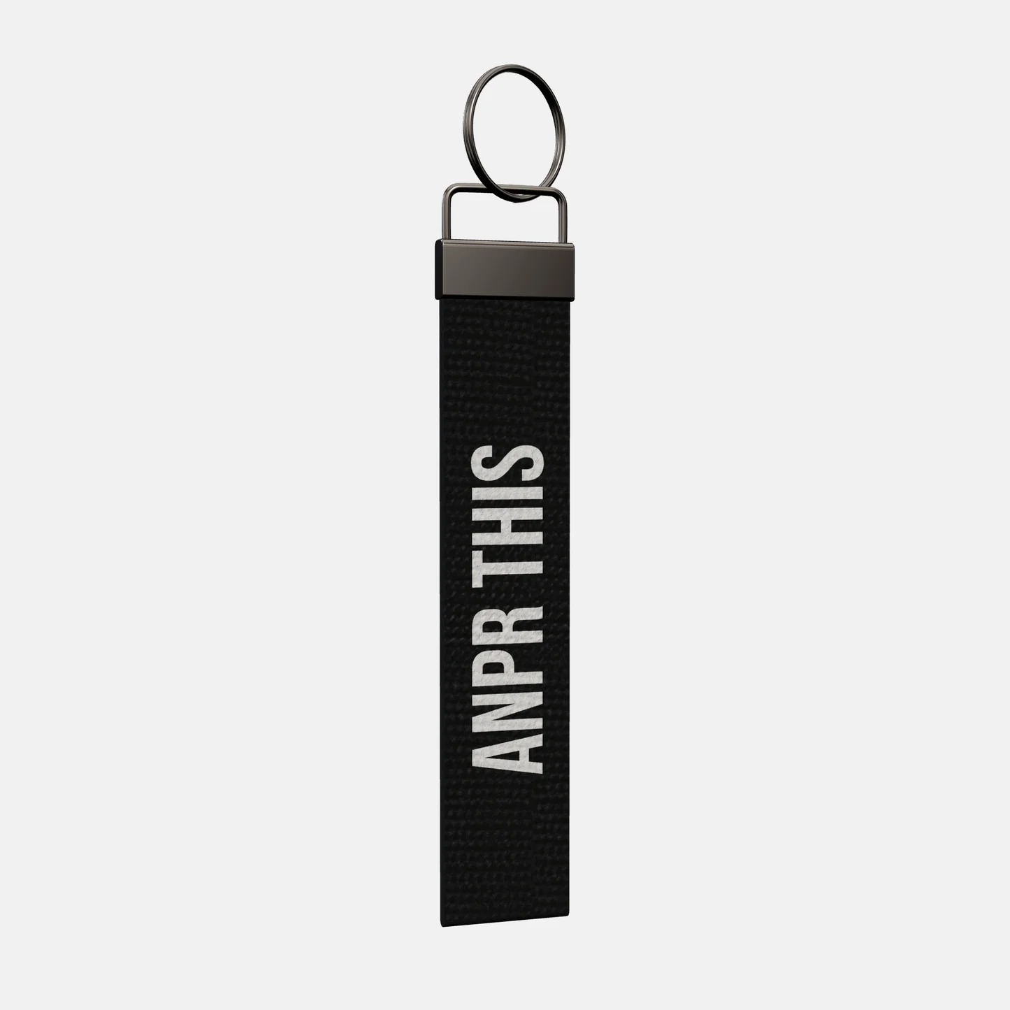 ANPR THIS Keychain at an angle, black-nickel clamp and split ring