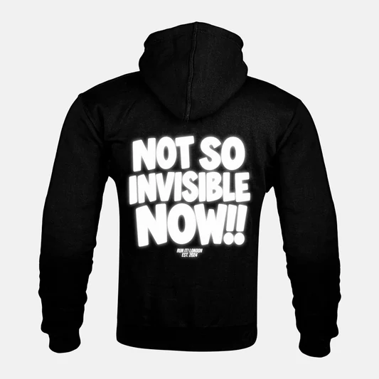 Reflective NOT SO INVISIBLE NOW back print on a Kevlar armoured zip hoodie