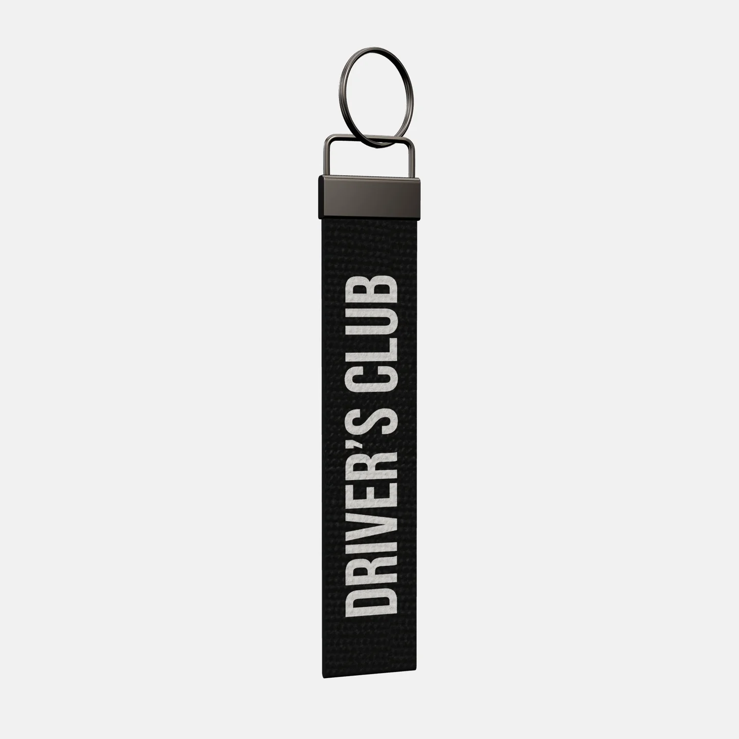 DRIVER’S CLUB Keychain at an angle, black-nickel clamp and split ring