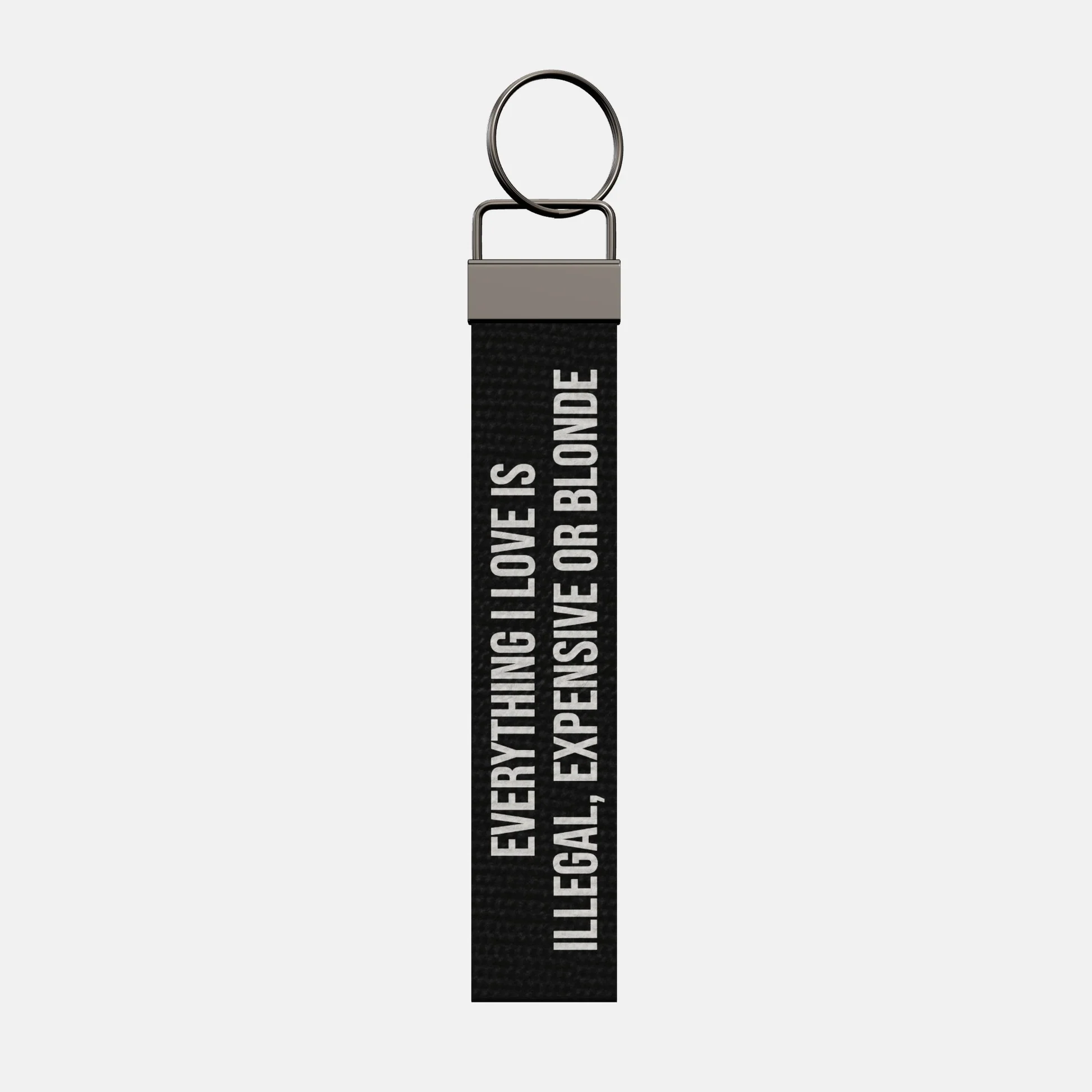 EVERYTHING I LOVE IS ILLEGAL, EXPENSIVE OR BLONDE Keychain, front: EVERYTHING I LOVE IS ILLEGAL, EXPENSIVE OR BLONDE in white print