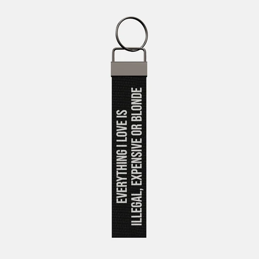 EVERYTHING I LOVE IS ILLEGAL, EXPENSIVE OR BLONDE Keychain, front: EVERYTHING I LOVE IS ILLEGAL, EXPENSIVE OR BLONDE in white print