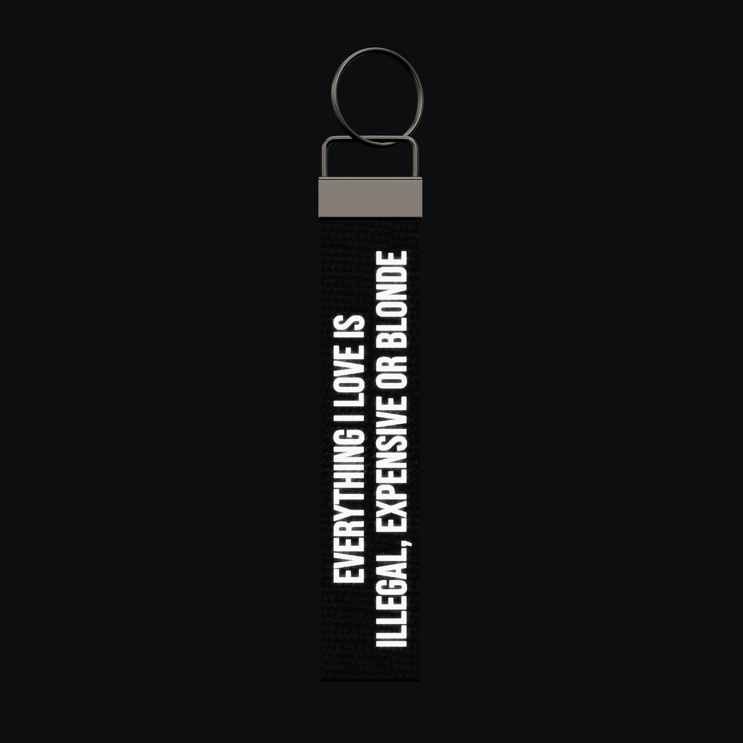 EVERYTHING I LOVE IS ILLEGAL, EXPENSIVE OR BLONDE Keychain, reflective print lit up by a camera flash