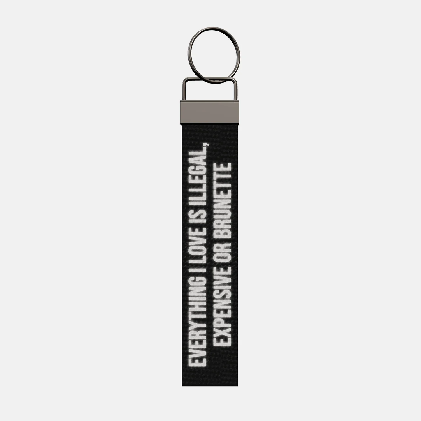 EVERYTHING I LOVE IS ILLEGAL, EXPENSIVE OR BRUNETTE Keychain, front: EVERYTHING I LOVE IS ILLEGAL, EXPENSIVE OR BRUNETTE in reflective print