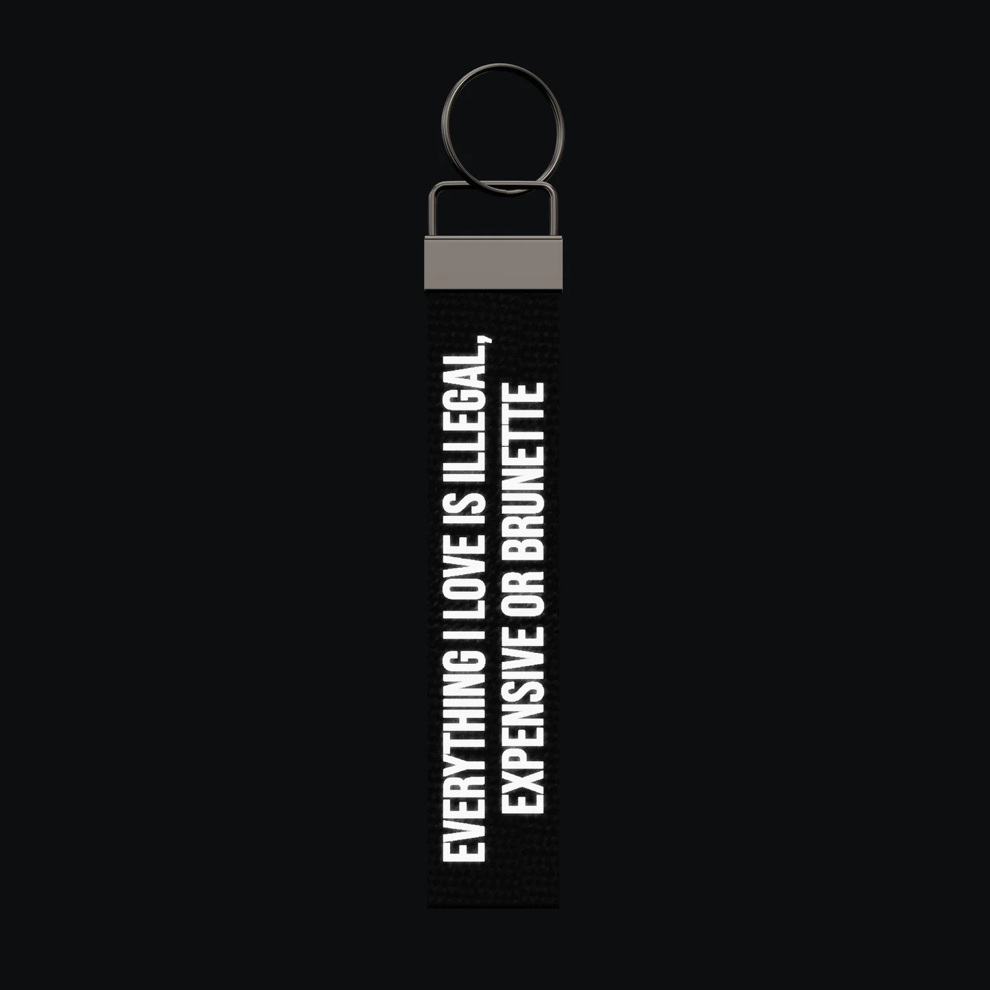 EVERYTHING I LOVE IS ILLEGAL, EXPENSIVE OR BRUNETTE Keychain, reflective print lit up by a camera flash