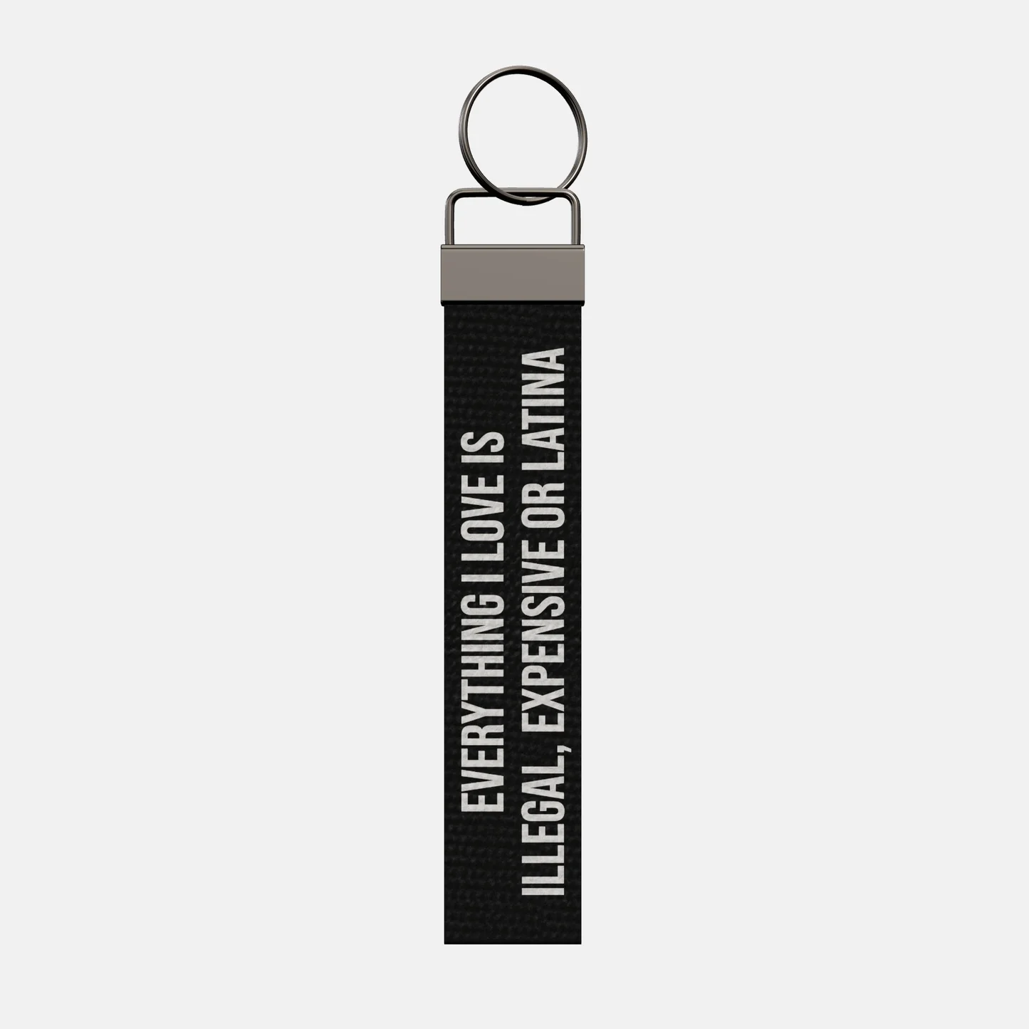 EVERYTHING I LOVE IS ILLEGAL, EXPENSIVE OR LATINA Keychain, front: EVERYTHING I LOVE IS ILLEGAL, EXPENSIVE OR LATINA in white print