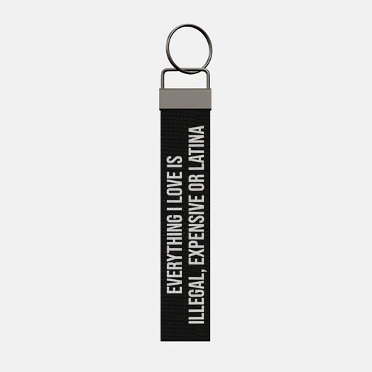 EVERYTHING I LOVE IS ILLEGAL, EXPENSIVE OR LATINA Keychain, front: EVERYTHING I LOVE IS ILLEGAL, EXPENSIVE OR LATINA in white print