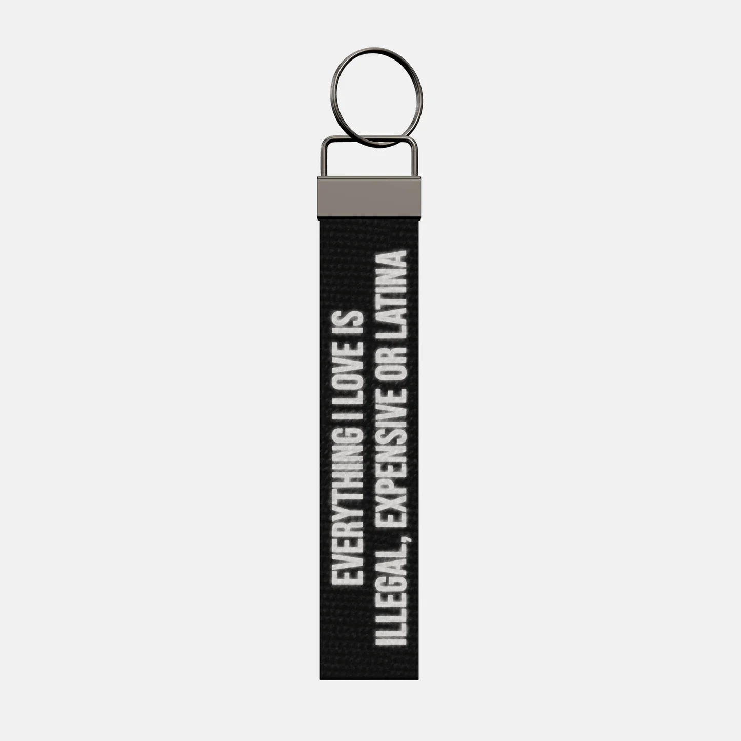 EVERYTHING I LOVE IS ILLEGAL, EXPENSIVE OR LATINA Keychain, front: EVERYTHING I LOVE IS ILLEGAL, EXPENSIVE OR LATINA in reflective print