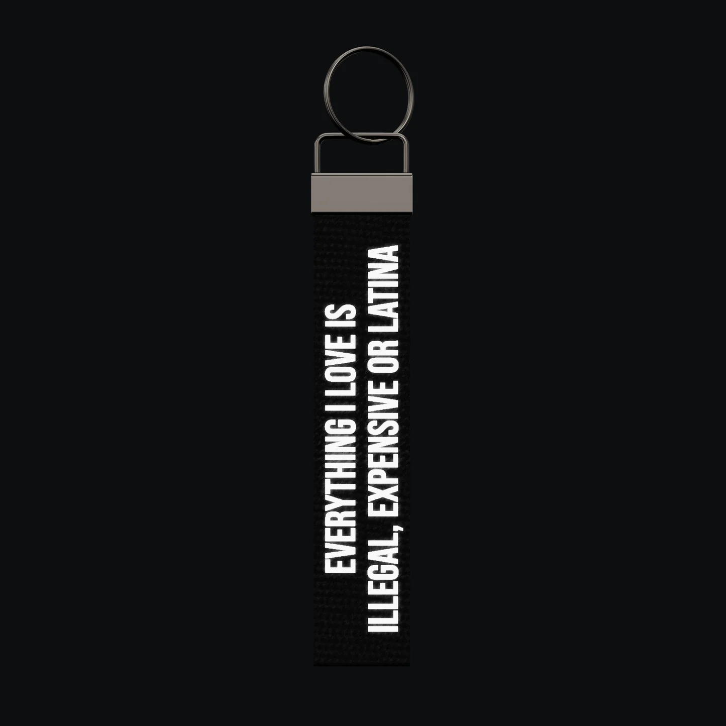 EVERYTHING I LOVE IS ILLEGAL, EXPENSIVE OR LATINA Keychain, reflective print lit up by a camera flash