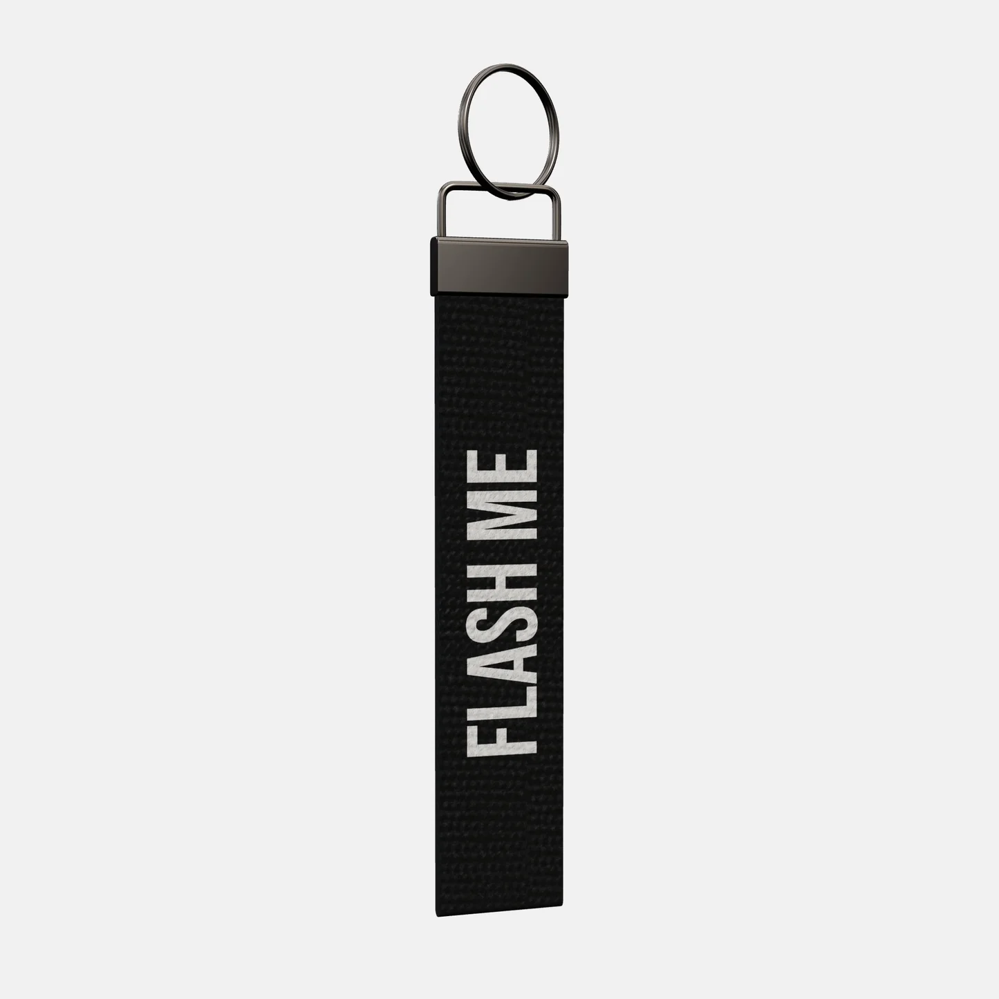 FLASH ME Keychain at an angle, black-nickel clamp and split ring