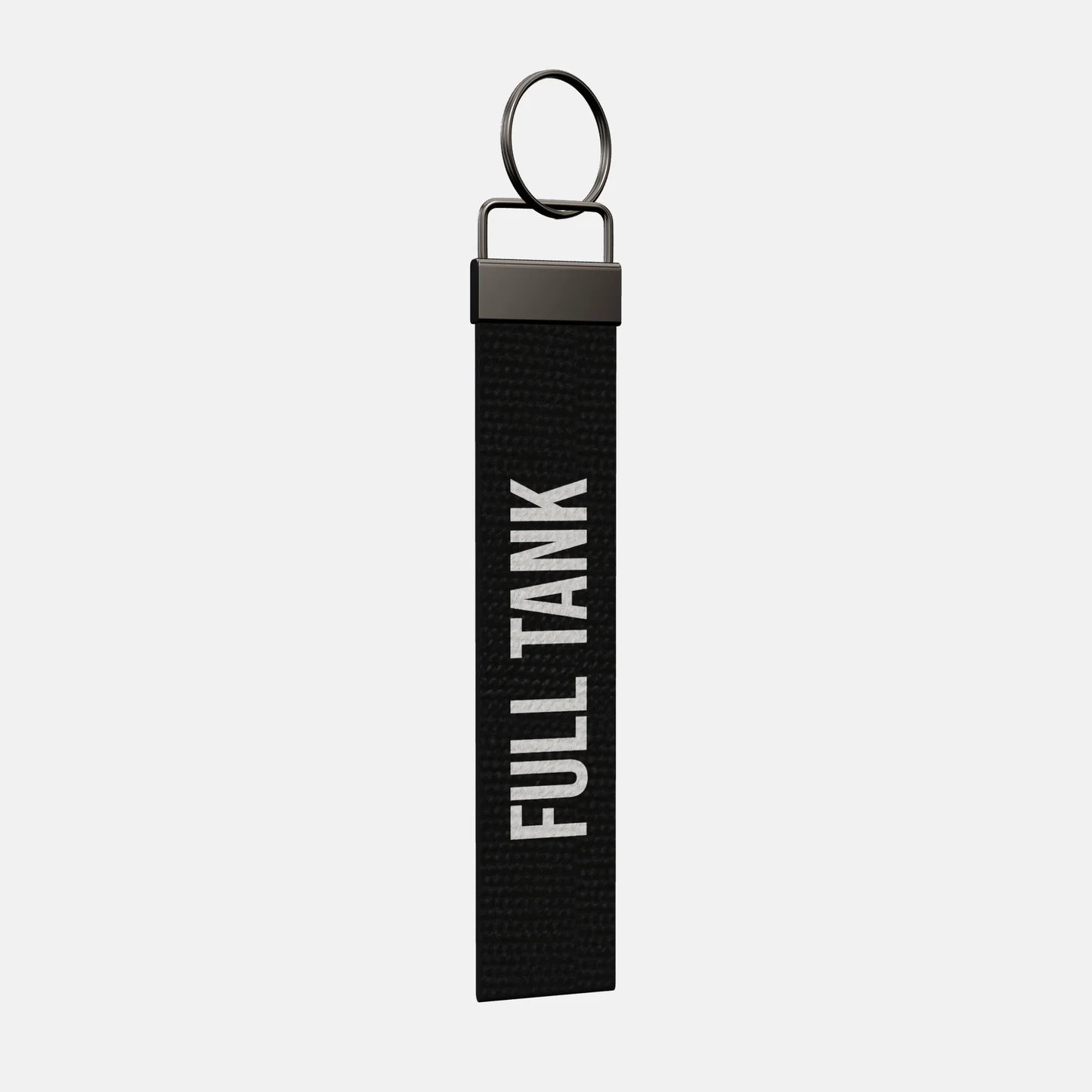 FULL TANK Keychain at an angle, black-nickel clamp and split ring