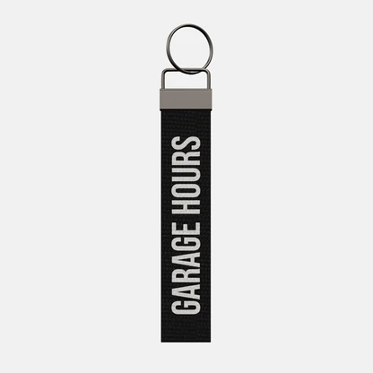 GARAGE HOURS Keychain, front: GARAGE HOURS in white print