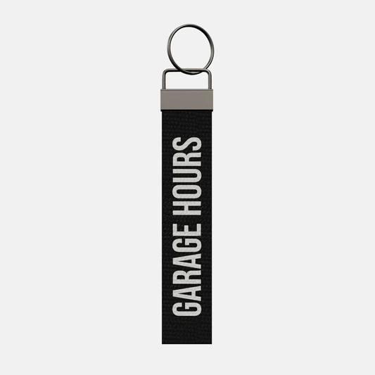 GARAGE HOURS Keychain, front: GARAGE HOURS in white print