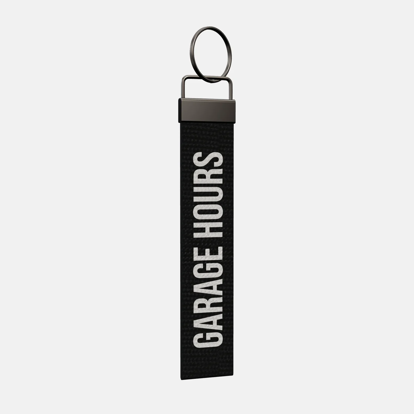 GARAGE HOURS Keychain at an angle, black-nickel clamp and split ring