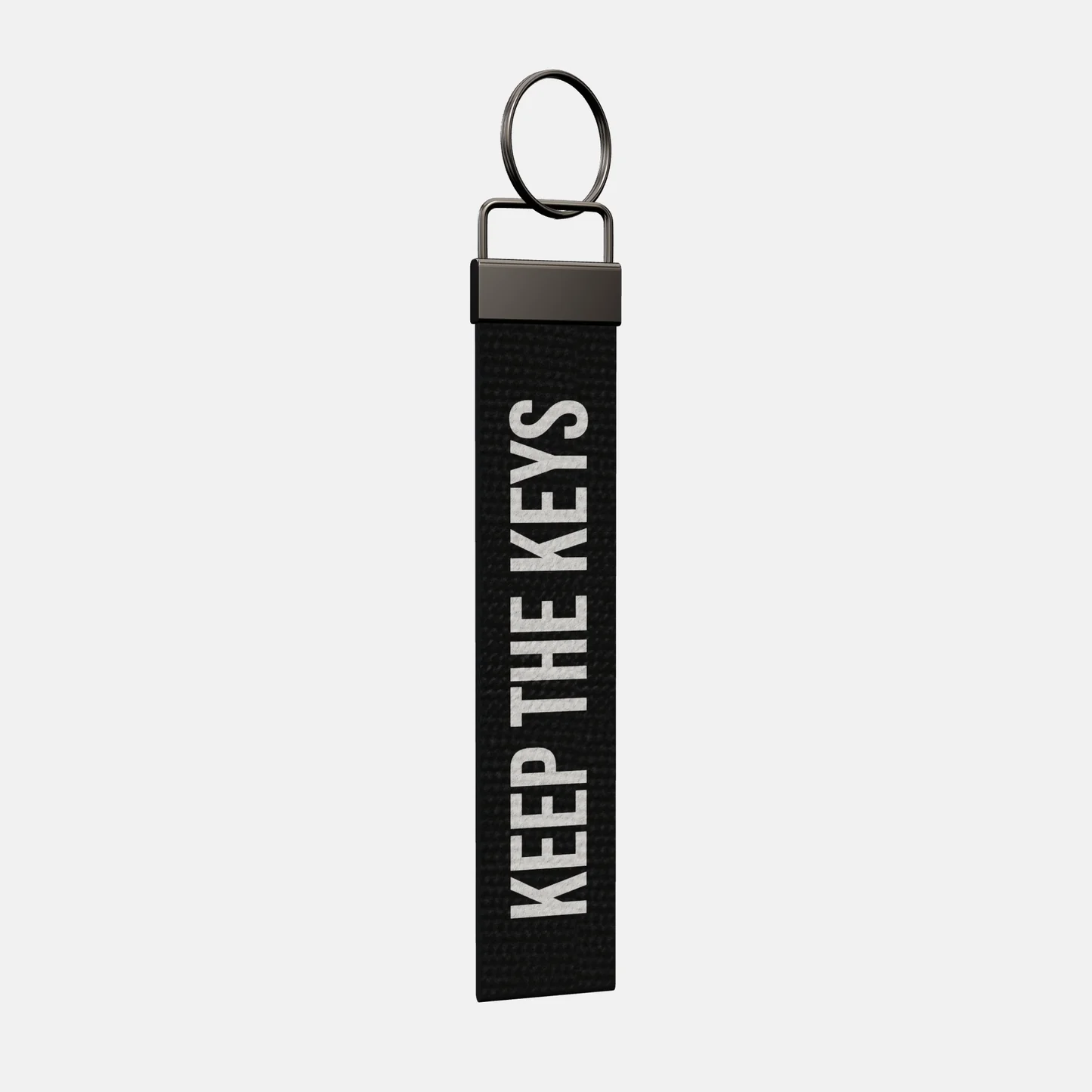 KEEP THE KEYS Keychain at an angle, black-nickel clamp and split ring