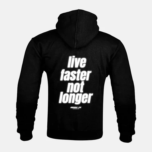 Reflective LIVE FASTER NOT LONGER back print on a Kevlar armoured zip hoodie