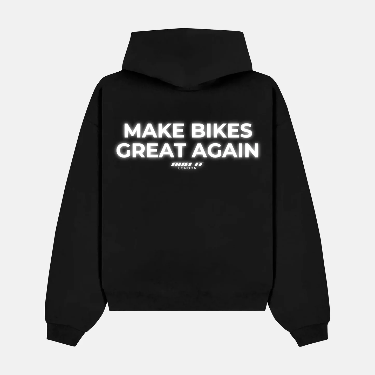 Reflective MAKE BIKES GREAT AGAIN artwork on a hoodie