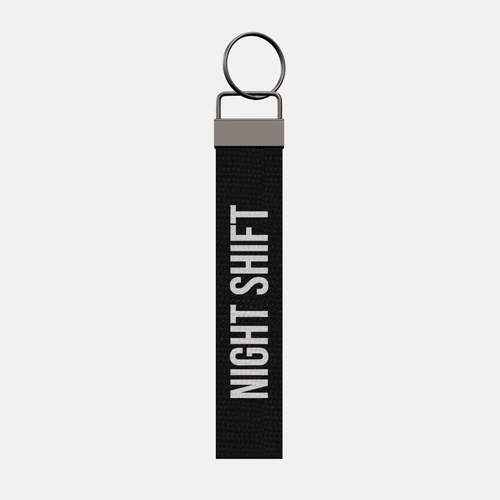 NIGHT SHIFT Keychain, front: NIGHT SHIFT in white print