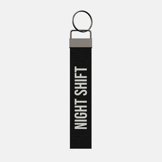 NIGHT SHIFT Keychain, front: NIGHT SHIFT in white print