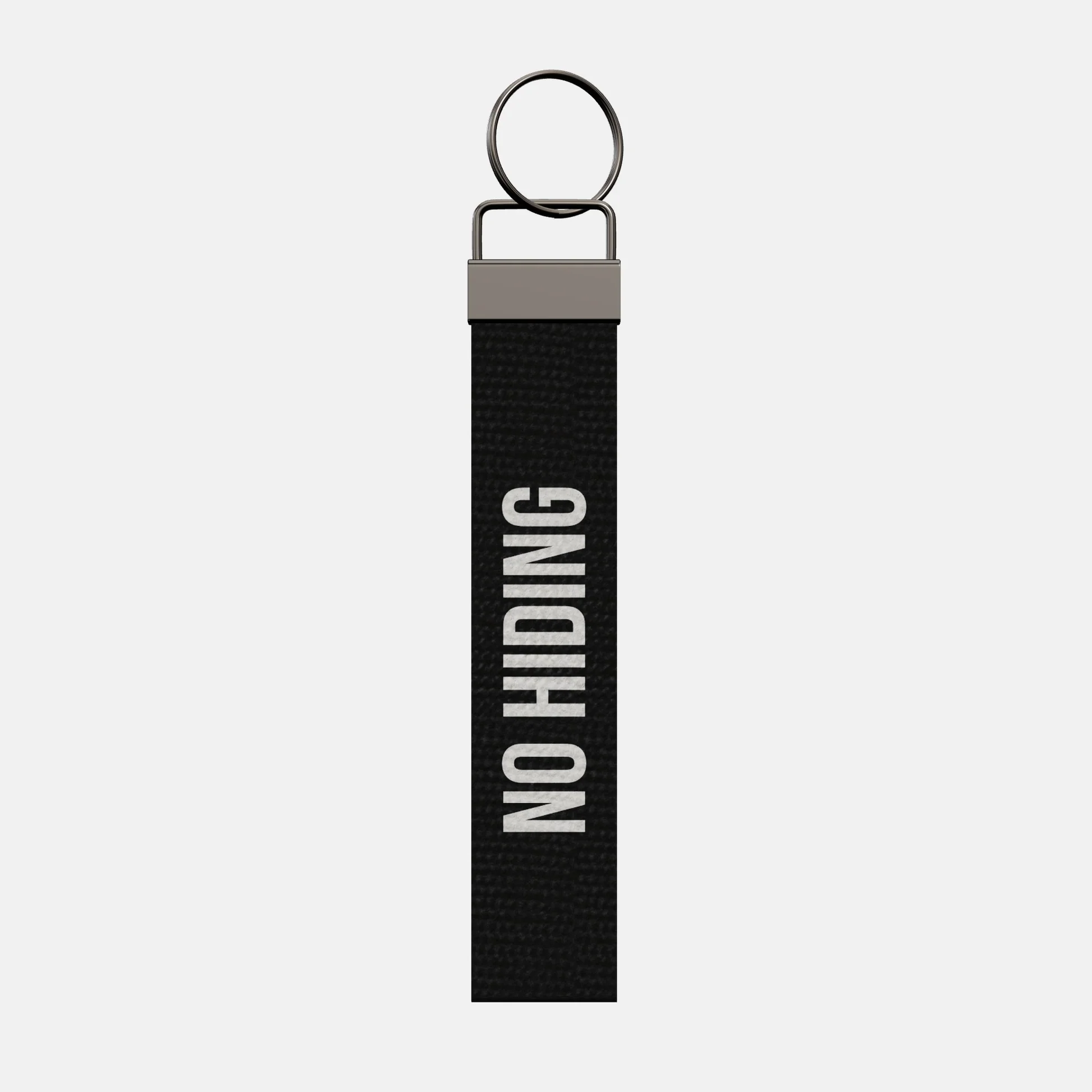 NO HIDING Keychain, front: NO HIDING in white print
