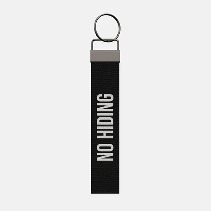 NO HIDING Keychain, front: NO HIDING in white print