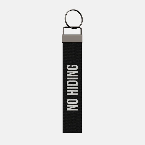 NO HIDING Keychain, front: NO HIDING in white print
