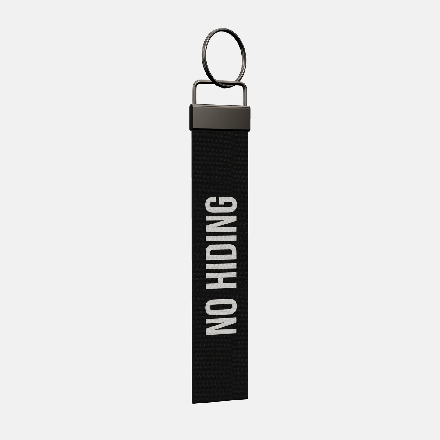 NO HIDING Keychain at an angle, black-nickel clamp and split ring