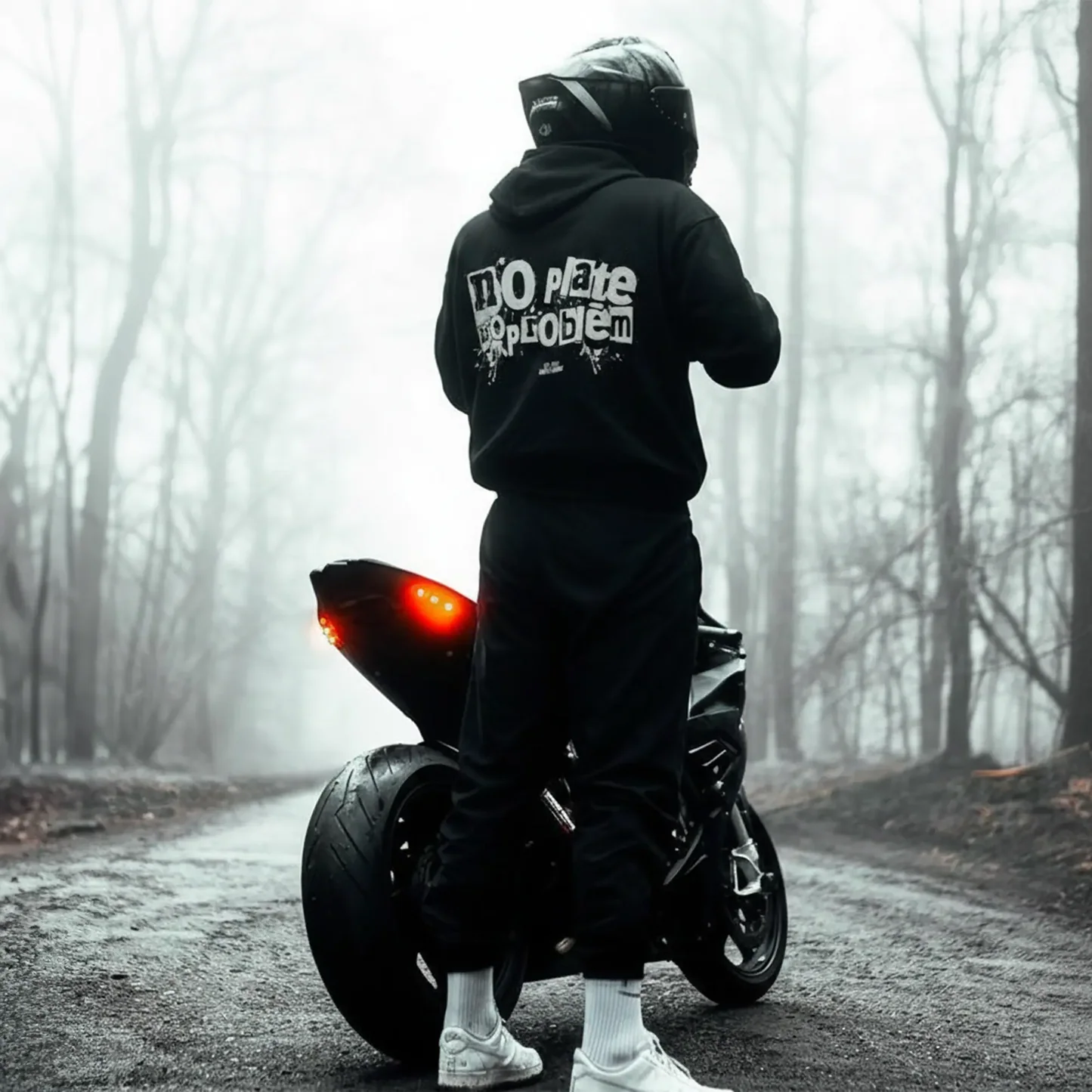 NO PLATE NO PROBLEM artwork on a hoodie