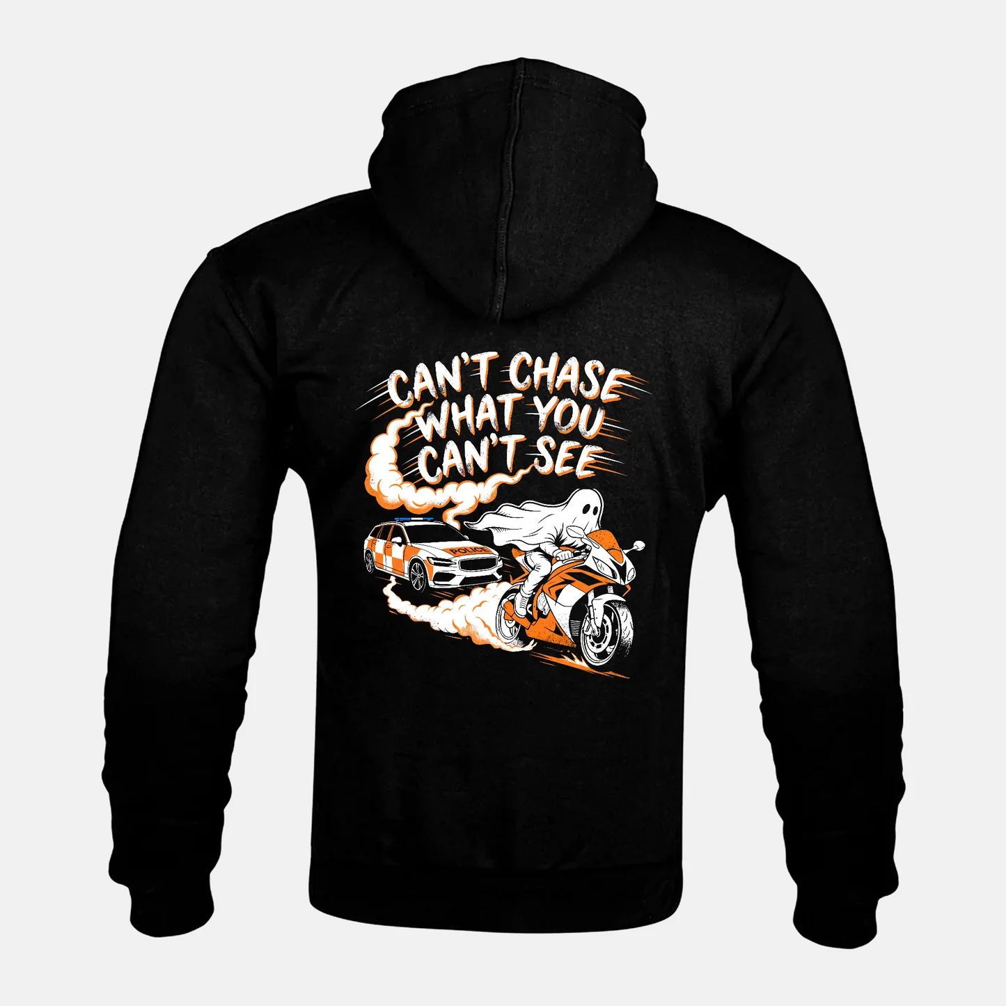 CAN'T CHASE WHAT YOU CAN'T SEE back print on a Kevlar armoured zip hoodie